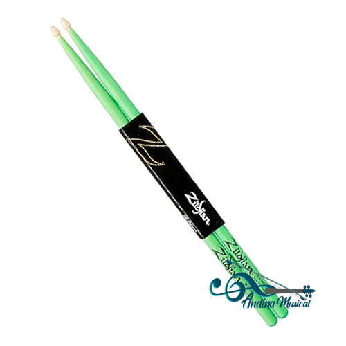 BAQUETAS ZILDJIAN PUNTA DE MADERA 5A VERDE NEON